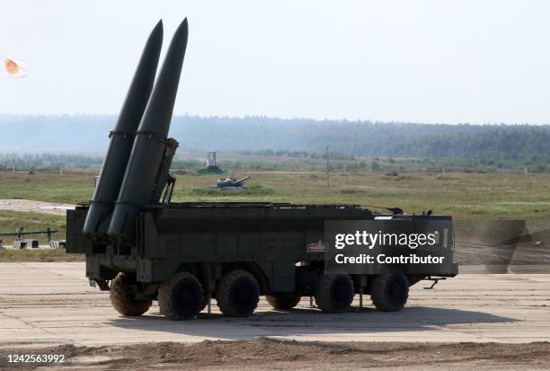 Russian Iskander-E missile launcher is one display at the International Military Technical Forum 'Army 2022' on August 17, 2022 in Patriot Park,...