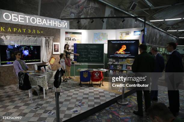 Propaganda installation of a Ukrainian school and bar is shown at the exhibition of Ukrainian weaponry, equipment and other trophies the Russian army...