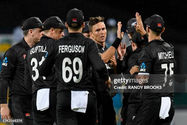 Trent Boult of New Zealand celebrates the dismissal of Kyle Mayers of West Indies during the 1st ODI match between West Indies and New Zealand at...