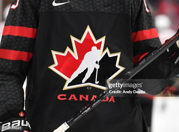 Generic photo of the Team Canada logo prior to the game against Switzerland in the IIHF World Junior Championship on August 17, 2022 at Rogers Place...