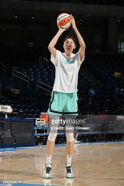 Han Xu of the New York Liberty warms up prior to the game against the Chicago Sky during Round 1 Game 1 of the 2022 WNBA Playoffs on August 17, 2022...