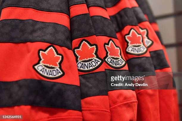 Generic photo of the Team Canada logo prior to the game between Canada and Switzerland in the IIHF World Junior Championship on August 17, 2022 at...