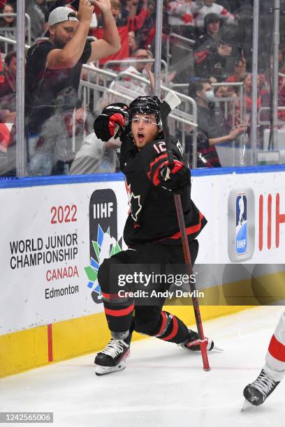 Tyson Foerster of Canada celebrates after a goal during the game against Switzerland in the IIHF World Junior Championship on August 17, 2022 at...