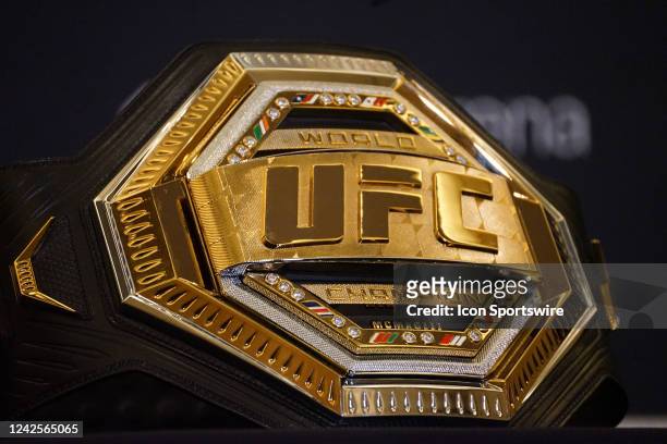 The UFC belt on display at the UFC 278 media day on August 17 at the Hilton Salt Lake City Center in Salt Lake City, UT.