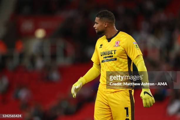 Zack Steffen of Middlesbrough during the Sky Bet Championship between Stoke City and Middlesbrough at Bet365 Stadium on August 17, 2022 in Stoke on...