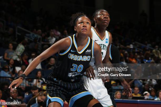 Azurá Stevens of the Chicago Sky boxes out Natasha Howard of the New York Liberty during Round 1 Game 1 of the 2022 WNBA Playoffs on August 17, 2022...