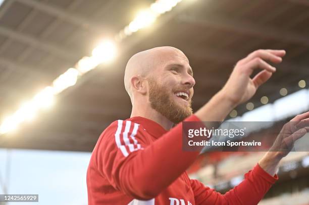 Toronto FC midfielder Michael Bradley greets the fans prior to the MLS regular season game between the New England Revaluation and Toronto FC on...