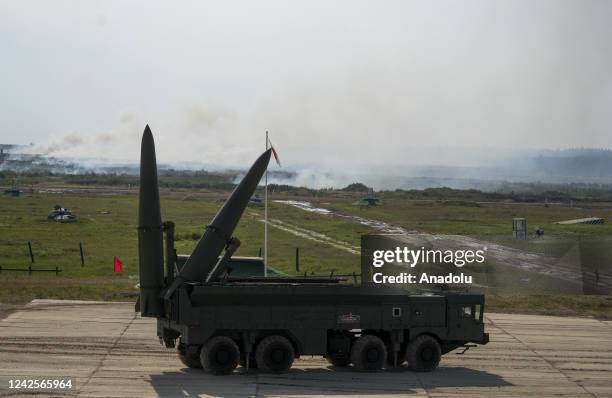 Iskander-M missile launcher performs during the International Military-Technical Forum "Army 2022" at Kubinka military training ground in Moscow,...