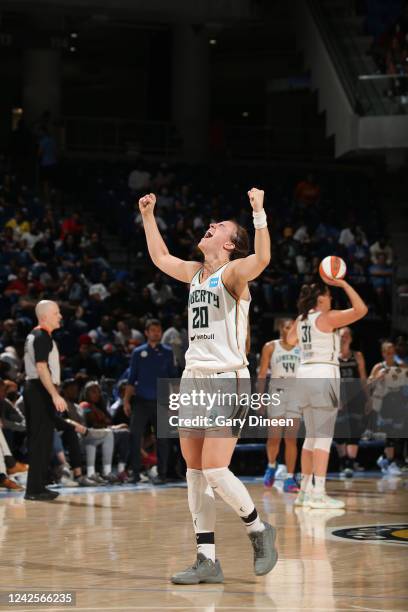 Sabrina Ionescu of the New York Liberty celebrates during Round 1 Game 1 of the 2022 WNBA Playoffs on August 17, 2022 at the Wintrust Arena in...