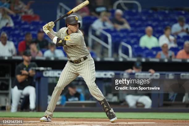 San Diego Padres third baseman Manny Machado bats for the Padres during the game between the San Diego Padres and the Miami Marlins on Tuesday,...