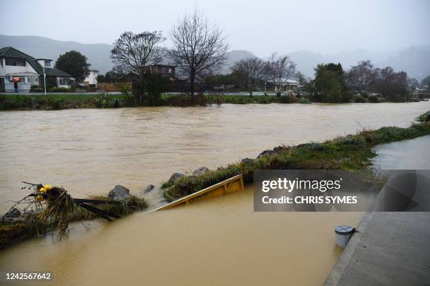 View of the Maitai river after it burst its banks in Nelson on August 18 as the city experienced flash floods caused by a storm. - Hundreds of...