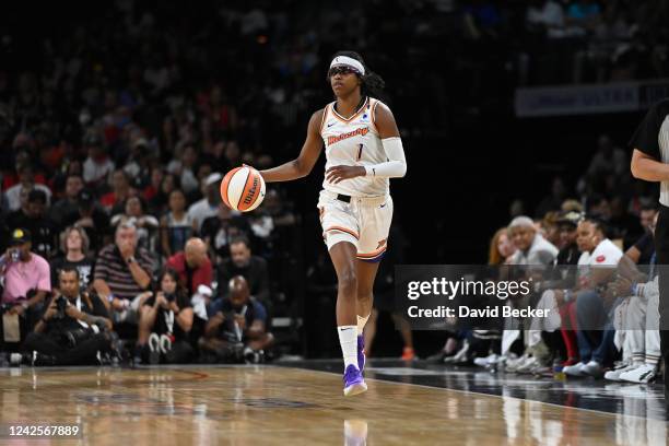 Diamond DeShields of the Phoenix Mercury dribbles the ball against the Las Vegas Aces during Round 1 Game 1 of the 2022 WNBA Playoffs on August 17,...