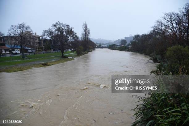 General view of the Maitai river after it burst its banks in Nelson on August 18 as the city experienced flash floods caused by a storm. - Hundreds...