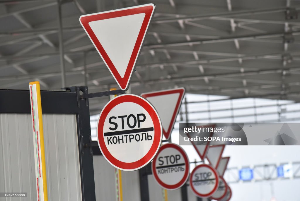 Border Checkpoint Sign Neutral Road signs at the renovated checkpoint on the Ukrainian-Polish border ...