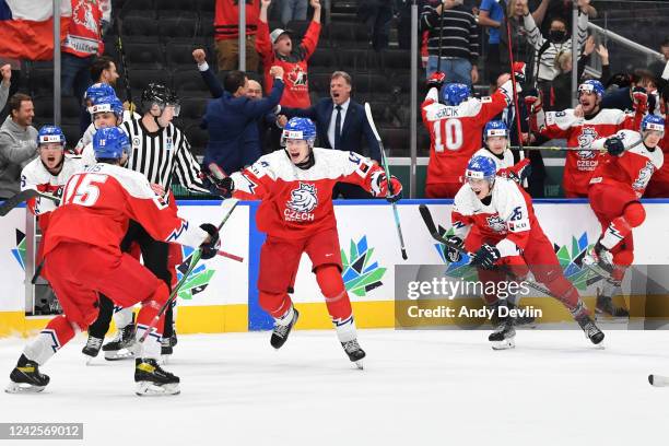 Players of Czechia celebrate after winning the game against the United States in the IIHF World Junior Championship on August 17, 2022 at Rogers...