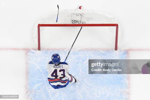 Luke Hughes of United States breaks his stick during the game against Czechia in the IIHF World Junior Championship on August 17, 2022 at Rogers...