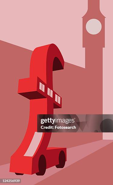 ilustrações, clipart, desenhos animados e ícones de close-up of a double decker bus in the shape of a pound sign near a clock tower, big ben, london, england - mode