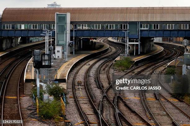 Picture shows the railway tracks at Clapham Junction in London on August 18, 2022 as Britain's train network faced further heavy disruption in major...