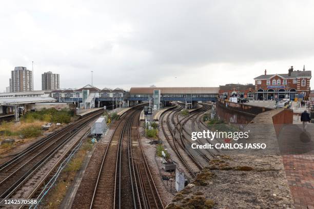 Picture shows the railway tracks at Clapham Junction in London on August 18, 2022 as Britain's train network faced further heavy disruption in major...