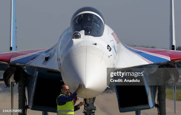 Sukhoi Su-35S military fighter jet performs during the International Military-Technical Forum "Army 2022" at Kubinka military training ground in...