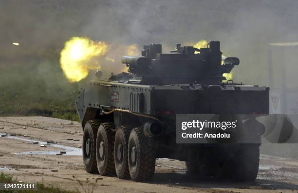 Bumerang military vehicle performs during the International Military-Technical Forum "Army 2022" at Kubinka military training ground in Moscow,...