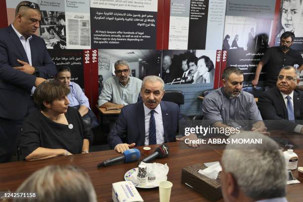 Palestinian prime minister Mohammad Shtayyeh speaks at the Palestinian Al-Haq Foundation in the West Bank city of Ramallah after Israel raided and...