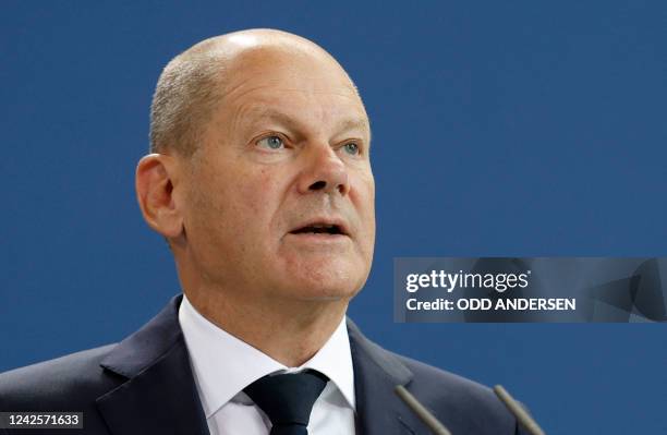 German Chancellor Olaf Scholz gives a statement to comment on a planned gas levy, on August 18, 2022 at the Chancellery in Berlin. - Russia's war in...