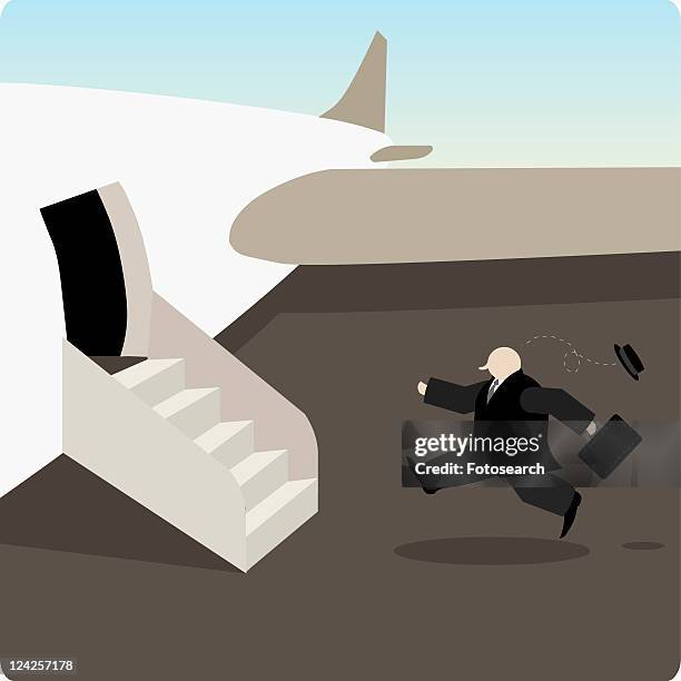 ilustrações, clipart, desenhos animados e ícones de side profile of a businessman rushing towards an airplane - mode