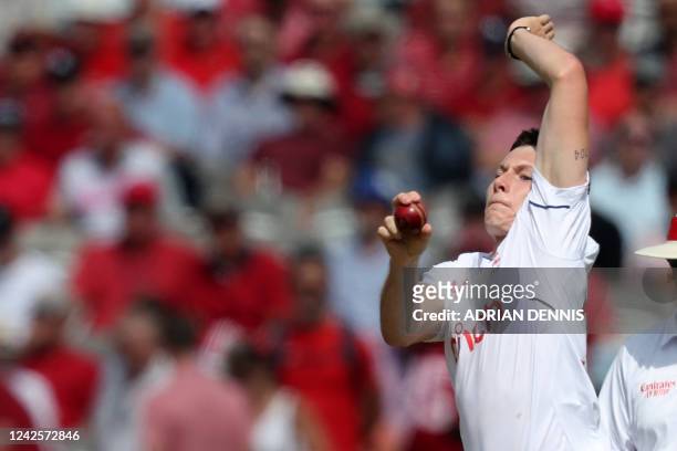 England's Matthew Potts bowls during play on day 2 of the first Test match between England and South Africa at the Lord's cricket ground in London on...