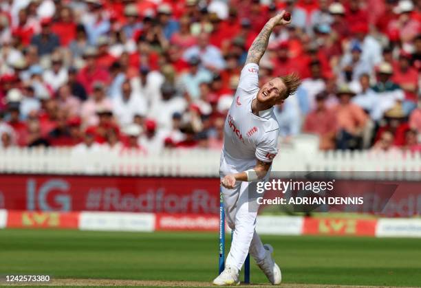 England's captain Ben Stokes bowls during play on day 2 of the first Test match between England and South Africa at the Lord's cricket ground in...