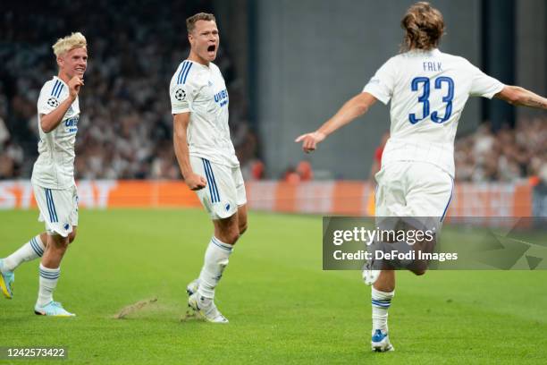Victor Claesson of FC Kobenhavn Celebrates after scoring hist team´s first goal with teammates during the UEFA Champions League Play-Off First Leg...
