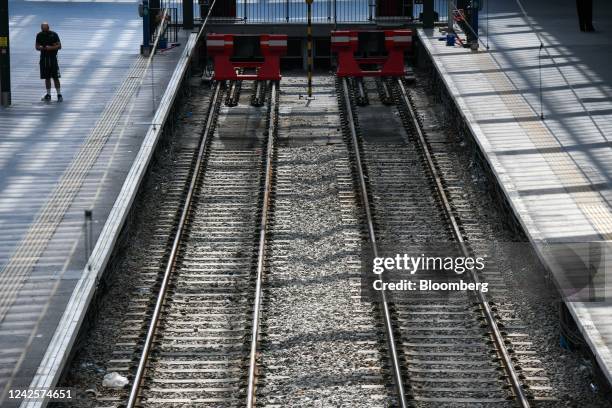 Empty railway tracks during rail strikes at London King's Cross railway station in London, UK, on Thursday, Aug. 18, 2022. A Network Rail spokesman...