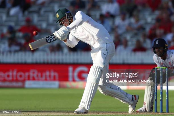 South Africa's Marco Jansen hits a boundary during play on day 2 of the first Test match between England and South Africa at the Lord's cricket...