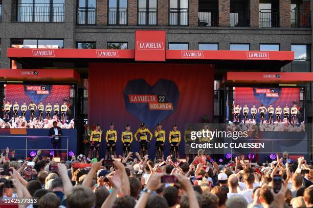 Jumbo-Visma riders pictured at the team presentation before the 2022 edition of the 'Vuelta a Espana', Tour of Spain cycling race in Utrecht, The...