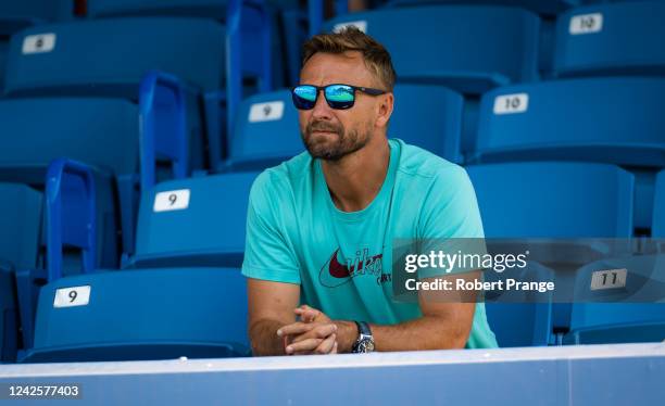 Coach Jiri Vanek watches Petra Kvitova of the Czech Republic during her third round match on Day 6 of the Western & Southern Open at Lindner Family...