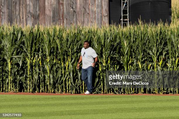 Baseball Hall of Famer and former Cincinnati Red Ken Griffey Jr. Walks out of the corn onto the field during the pre-game ceremony prior to the game...