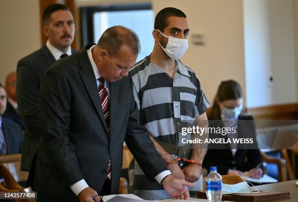 Hadi Matar, the man accused in the attempted murder of British author Salman Rushdie, appears in court for a procedural hearing at Chautauqua County...