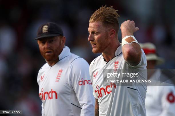 England's captain Ben Stokes leaves the field after the days play on day 2 of the first Test match between England and South Africa at the Lord's...