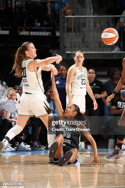 Sabrina Ionescu of the New York Liberty passes the ball during the game against the Chicago Sky during Round 1 Game 1 of the 2022 WNBA Playoffs on...