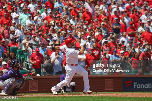 Albert Pujols of the St. Louis Cardinals hits a grand slam against the Colorado Rockies in the third inning at Busch Stadium on August 18, 2022 in St...