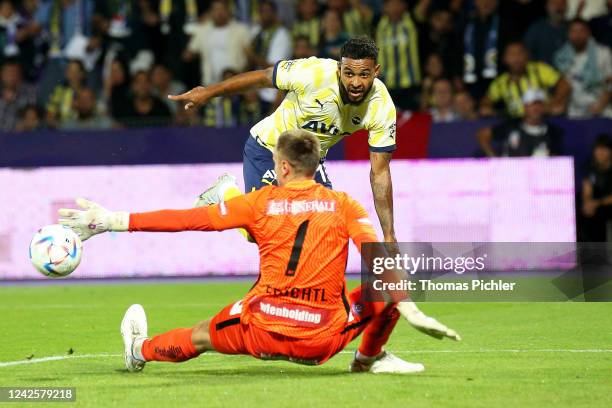 The goal from Joshua King of Fenerbahce Istanbul and Christian Früchtl of Austria Wien during the Europa League Play Off First Leg match between FK...