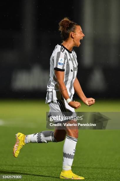 Arianna Caruso of Juventus celebrates a goal during the match between Juventus and Racing Union at Juventus Center Vinovo on August 18, 2022 in...