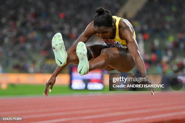 Sweden's Khaddi Sagnia competes in the women's Long Jump final during the European Athletics Championships at the Olympic Stadium in Munich, southern...