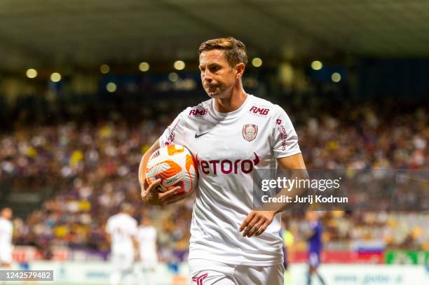 Ciprian Deac of CFR Cluj carries the ball to corner kick during the UEFA Europa Conference League Qualifier Leg One match between NK Maribor and CFR...