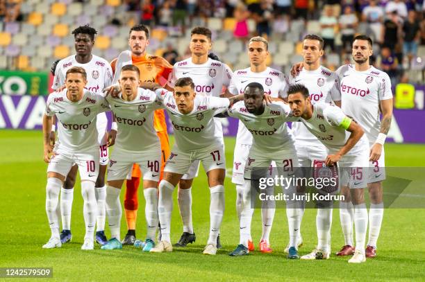 Cluj players pose for a team photo before the UEFA Europa Conference League Qualifier Leg One match between NK Maribor and CFR Cluj in Ljudski Vrt,...