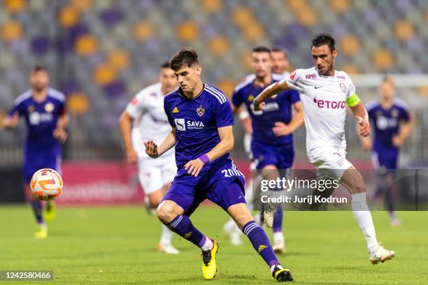 Marin Lausic of NK Maribor controls the ball during the UEFA Europa Conference League Qualifier Leg One match between NK Maribor and CFR Cluj in...