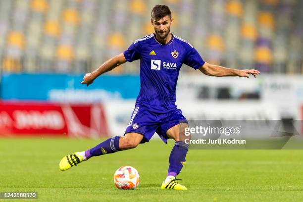 Rok Kronaveter of NK Maribor shoots the ball during the UEFA Europa Conference League Qualifier Leg One match between NK Maribor and CFR Cluj in...