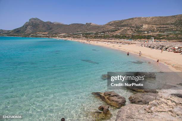 Tourism in Greece - The exotic beach of Falassarna at the western side of Crete island during a high-temperature day, heatwave. Falasarna bay with 5...