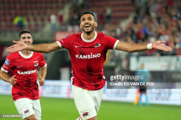 Alkmaar's Greek forward Vangelis Pavlidis celebrates after scoring his team's third goal during the UEFA Conference League play-off first leg...