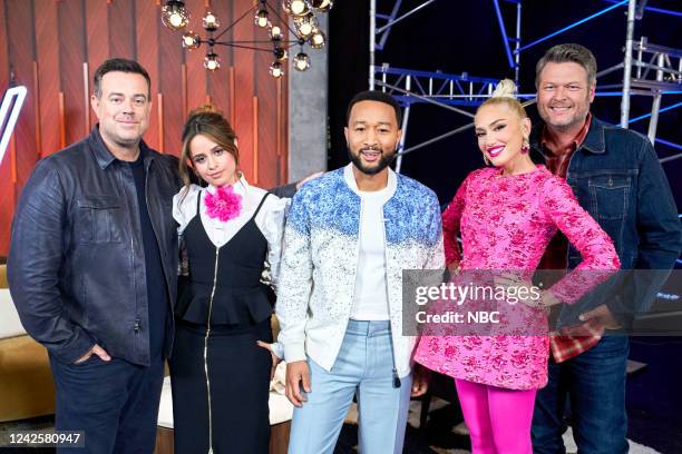 Blind Auditions -- Pictured: Carson Daly, Camila Cabello, John Legend, Gwen Stefani, Blake Shelton --